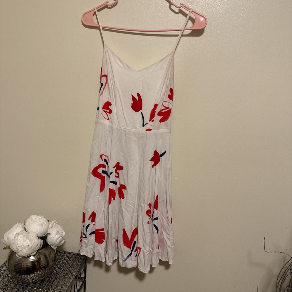 White Spaghetti Strap Sundress with Red & Navy Floral Print